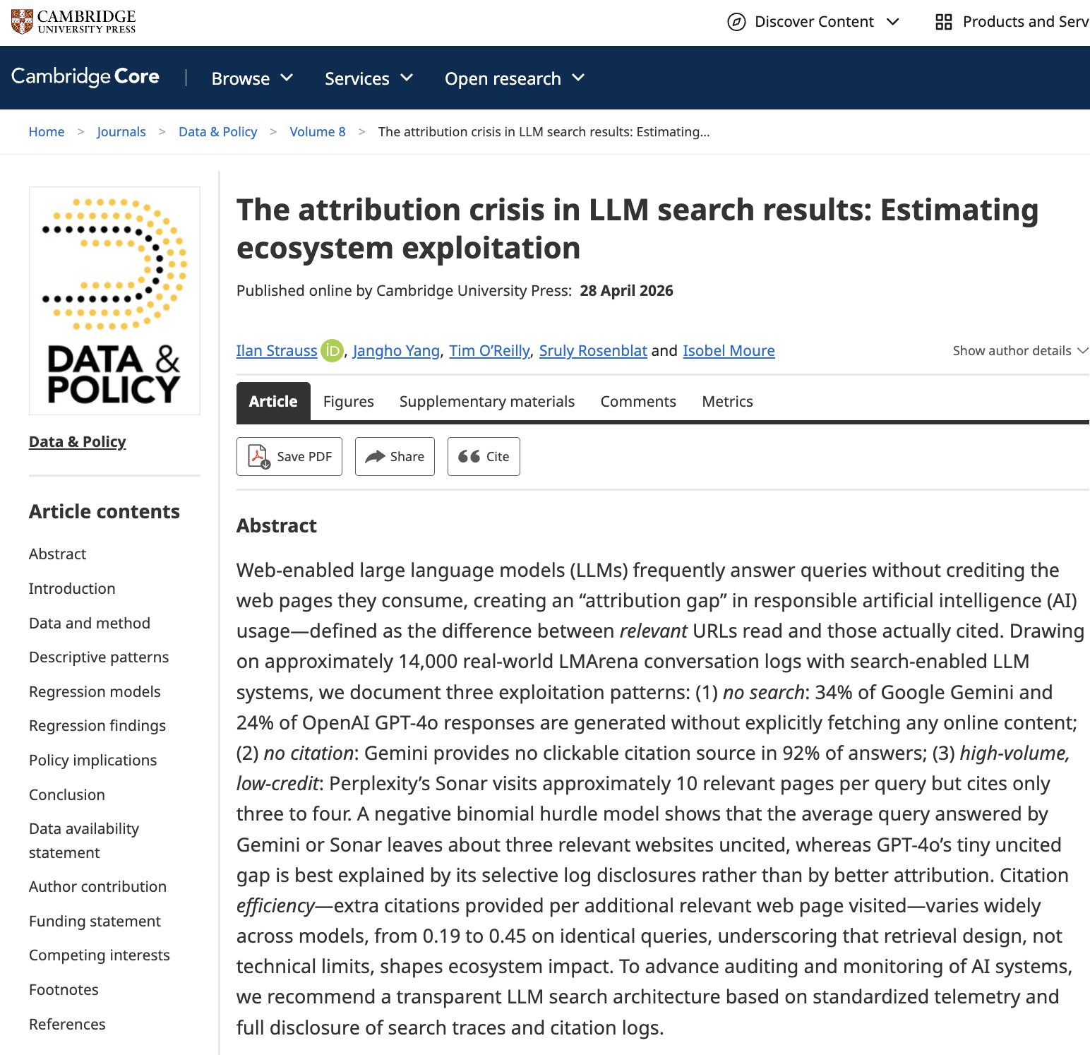 Data & Policy (Cambridge University Press) journal cover for The Attribution Crisis: LLM Search Results