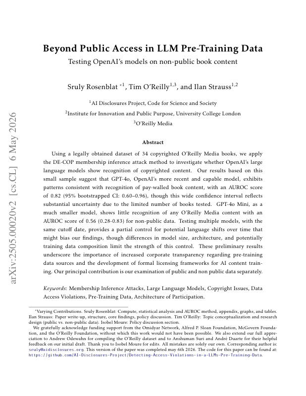 arXiv first page of Beyond Public Access in LLM Pre-Training Data