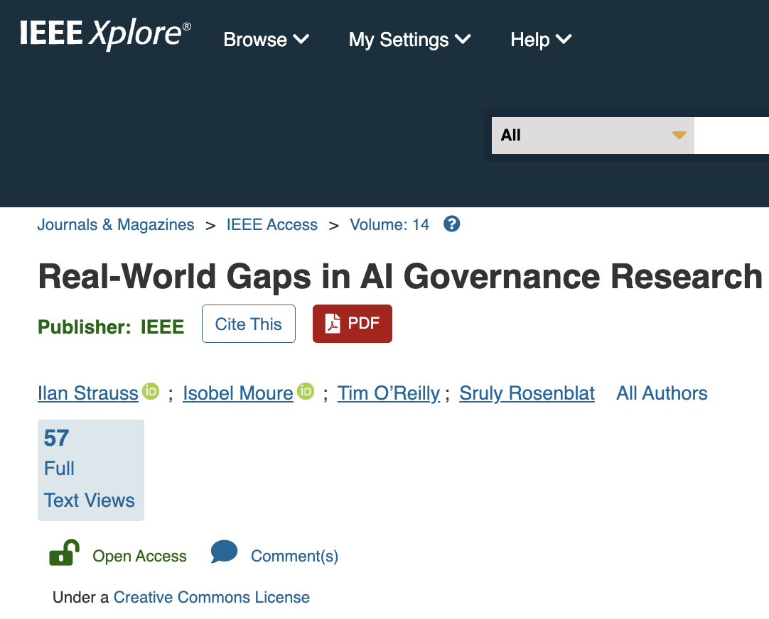 IEEE Xplore listing for Real-World Gaps in AI Governance Research (IEEE Access, Vol. 14)